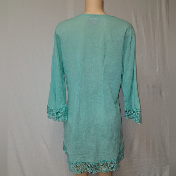 Isaac Mizrahi Teal Tunic with Pink Label Cochet Beach Cover Up SzL - Picture 9 of 17